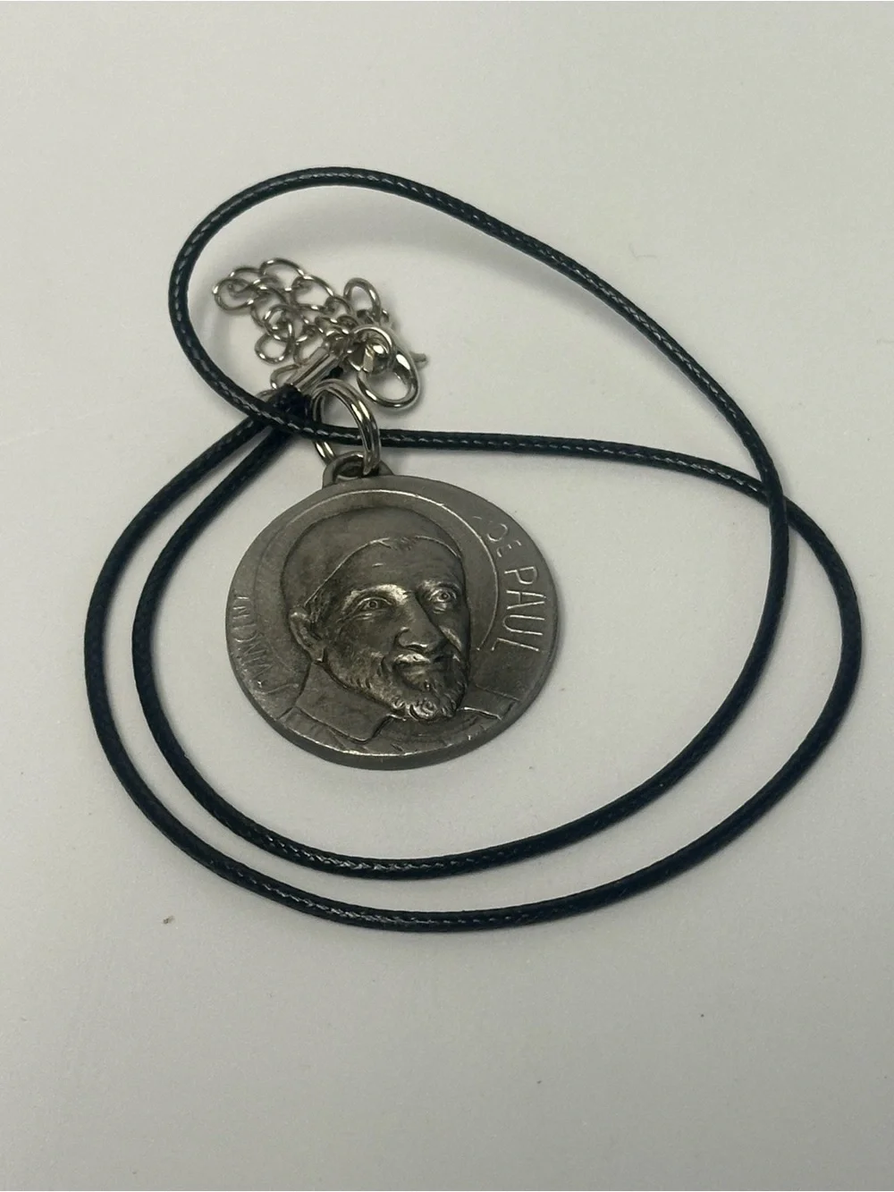 Black Cord Necklace with Silver Saint Medallion